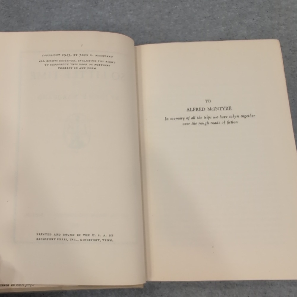 So Little Time A Novel By John P Marquand‎ 1943 Vintage Hardcover Book - Picture 5 of 5